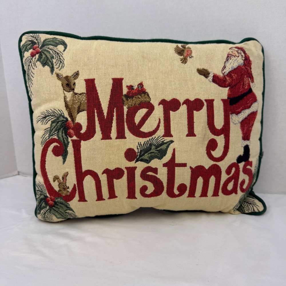 Riverdale Merry Christmas Tapestry Throw Pillow Santa Deer Woven Green Back USA